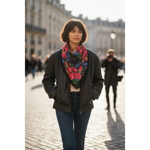 VTG Black Bright Florals Softest Wool Scarf Made in‎ Japan Large Square